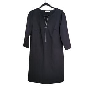 Trina Turk Black Versed Shift Dress, 3/4 sleeve, front half zip, pockets, sz 6